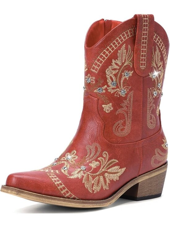 Shoes - Women’s Red Cowboy Boots Rhinestone Embroidered Ankle Booties Toe Chunky Heel